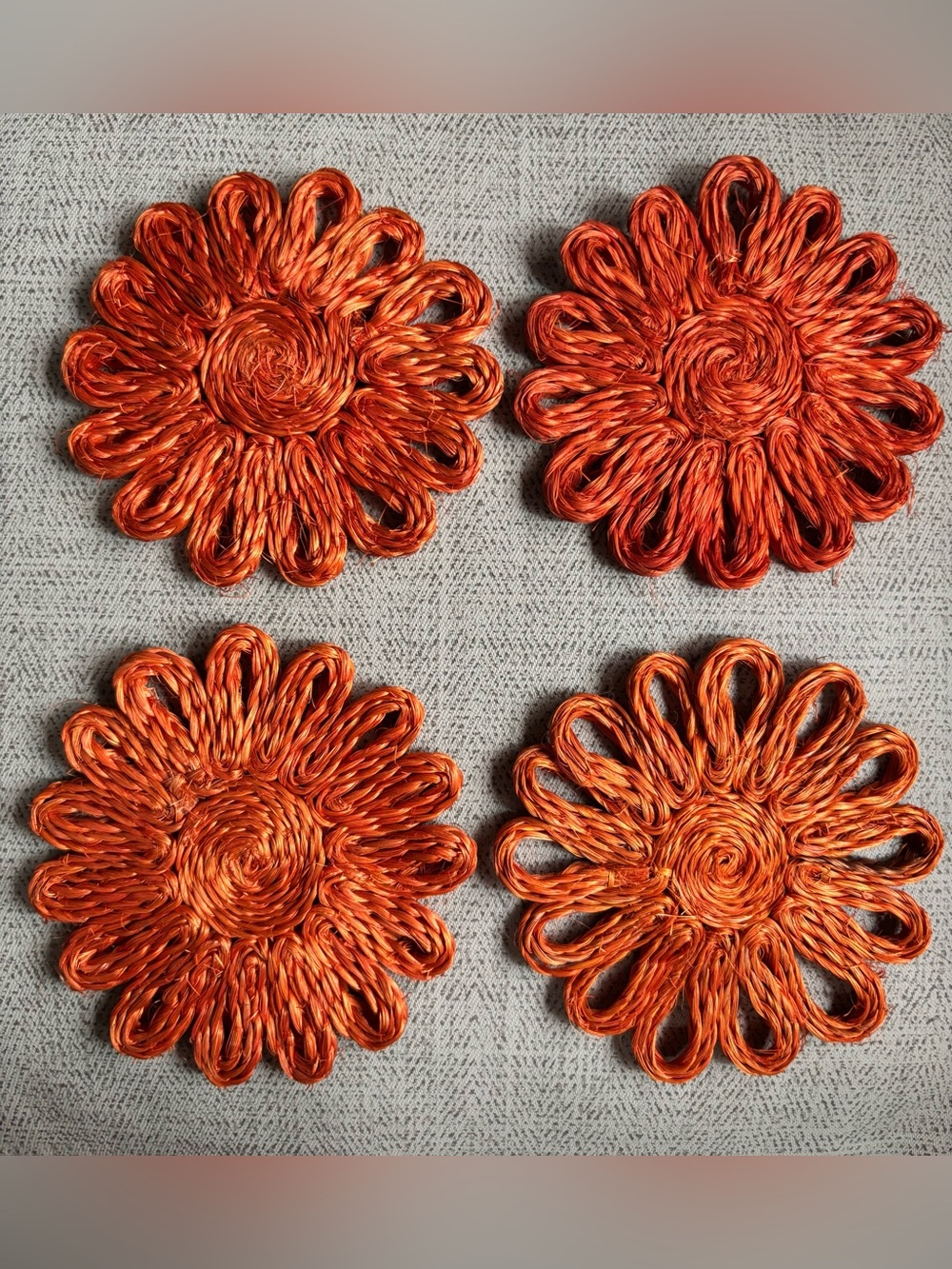 Vintage Handwoven Coasters Set | Orange Raffia Straw Floral Design | Boho Decor